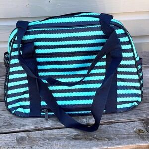 Thirty-One All-In Tote Deep Sea Wave Teal Navy Blue Striped Travel Bag NEW